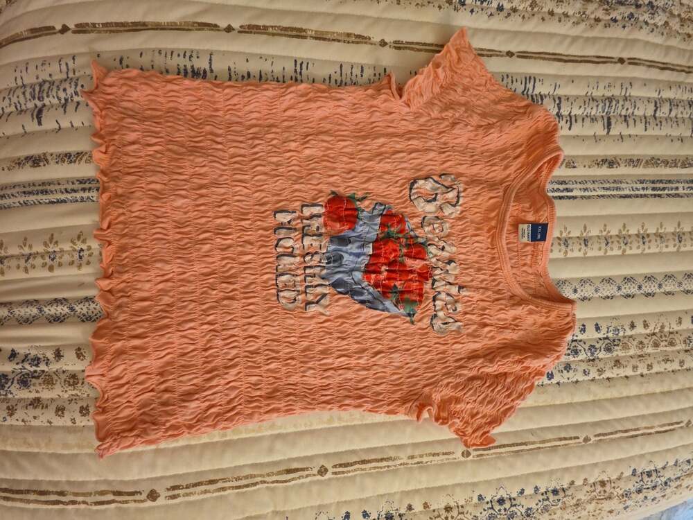 Old Navy Peach Shirred Popcorn Texture Strawberry Graphic T-Shirt